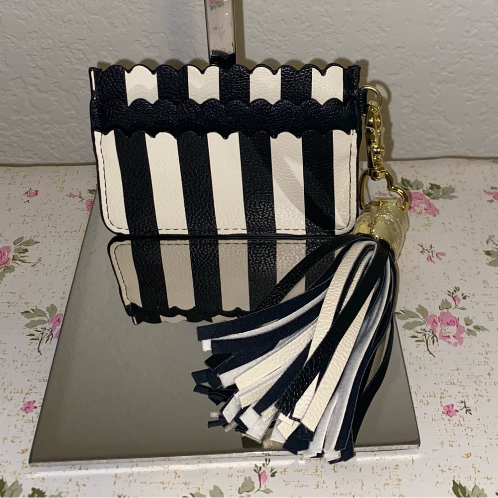 Betsey Johnson Card Holder Black and White Striped with Tassel